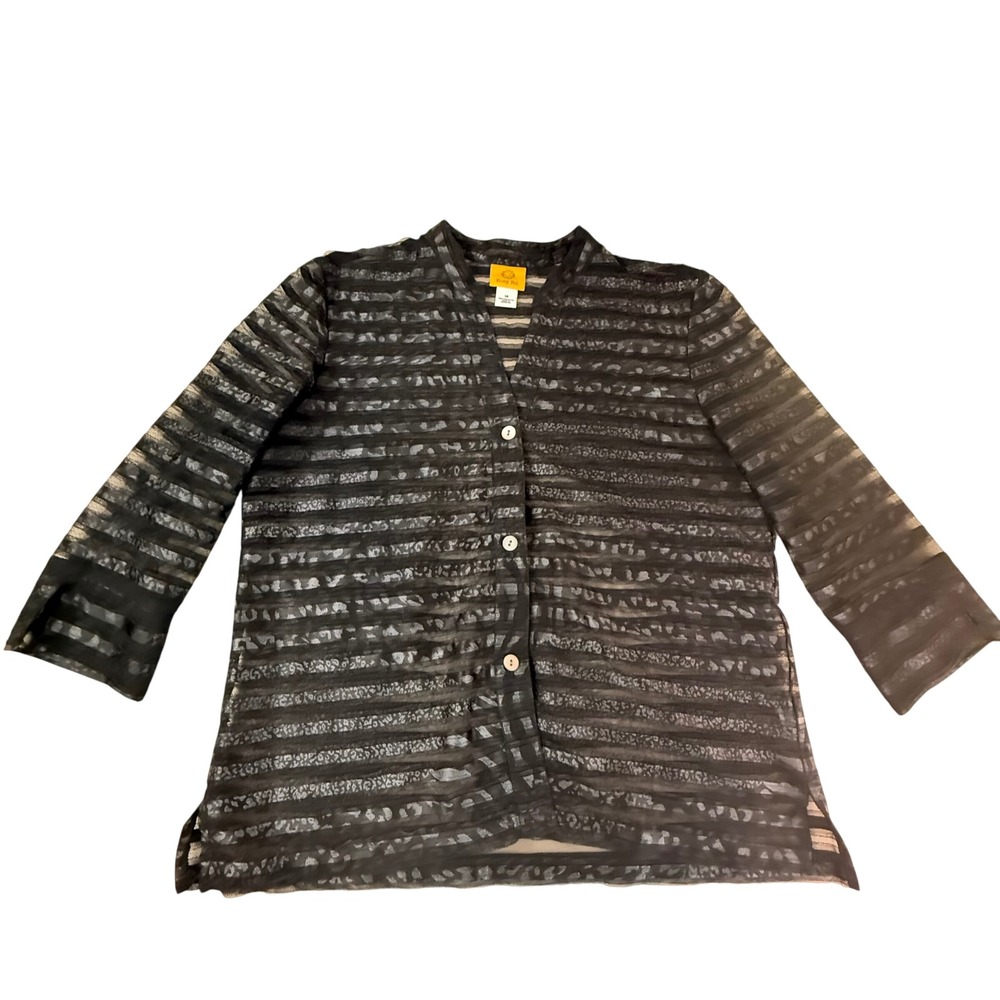 Ruby Rd Womens Black Sheer Mesh Stripe Button Front Cardigan Top Size 14